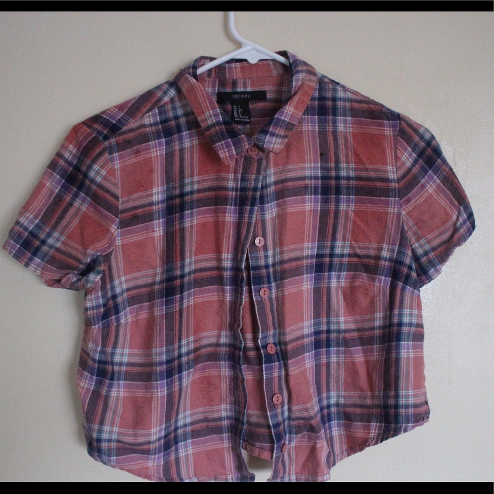 Pink and blue plaid cropped short sleeved shirt